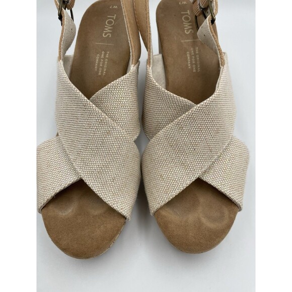 Toms Ibiza Sandals Khaki Canvas Women's 7 Platform Cork Heel Iridescent Thread - Picture 12 of 13